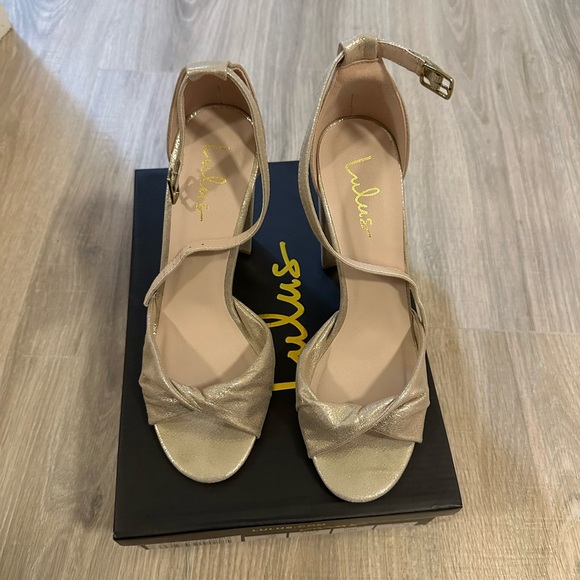 Lulus Carly Gold Heels size 9 chunky heel champagne - Picture 2 of 5